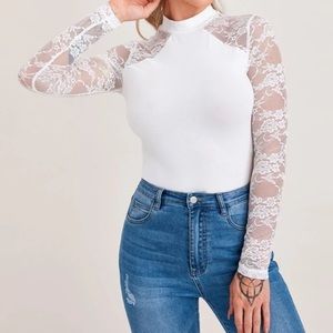 White lace mesh sleeve blouse